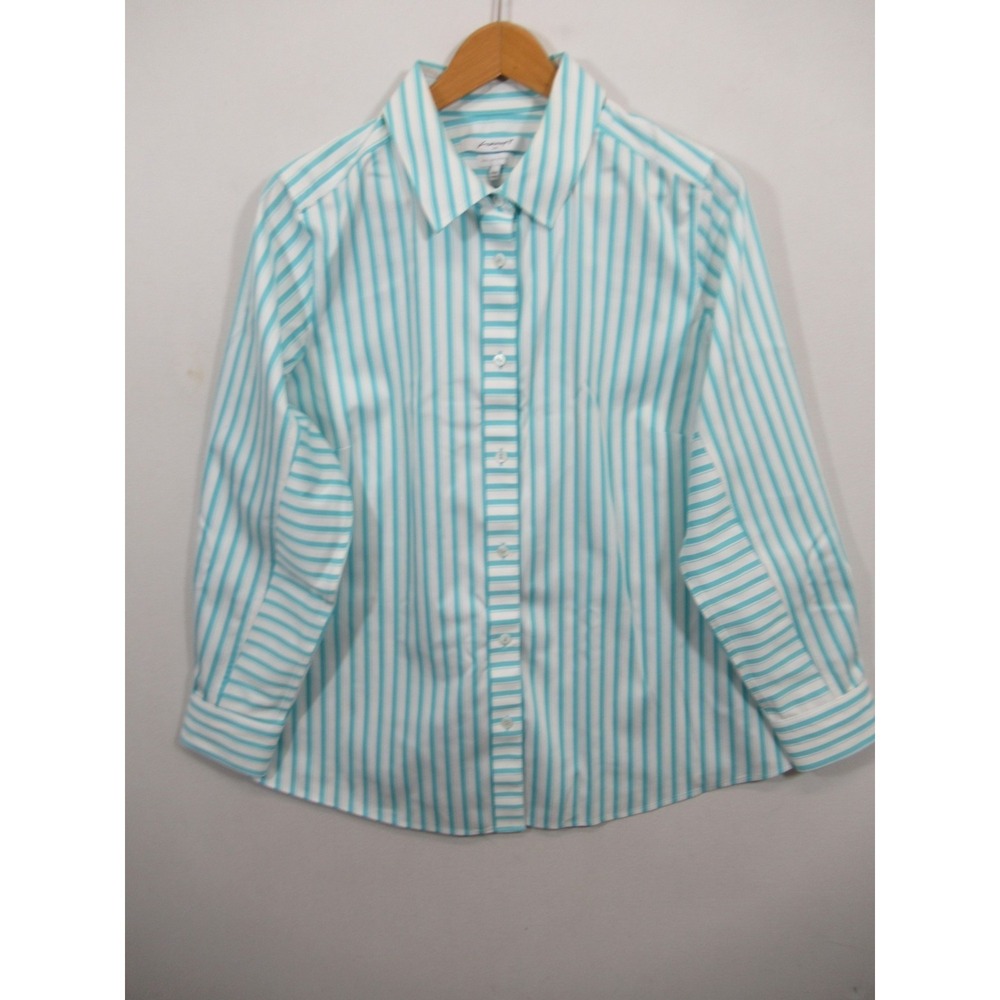 Foxcroft Non-Iron Button Up Shirt Plus Size 14W Blue Stripe Shaped Stretch